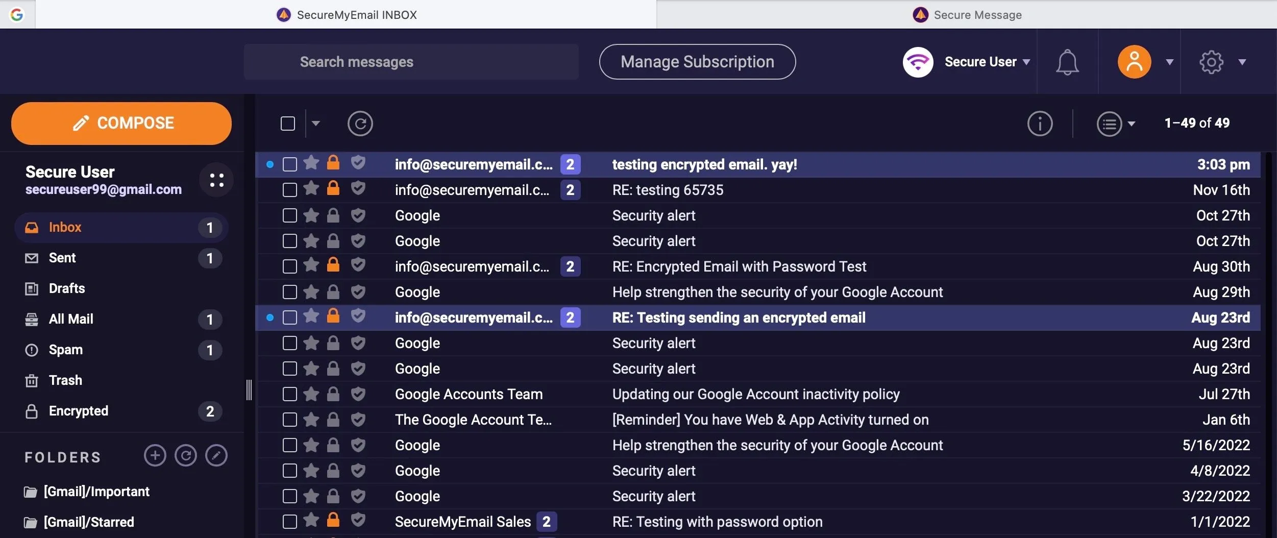 How the inbox looks when you receive a safe message sent with SecureMyEmail