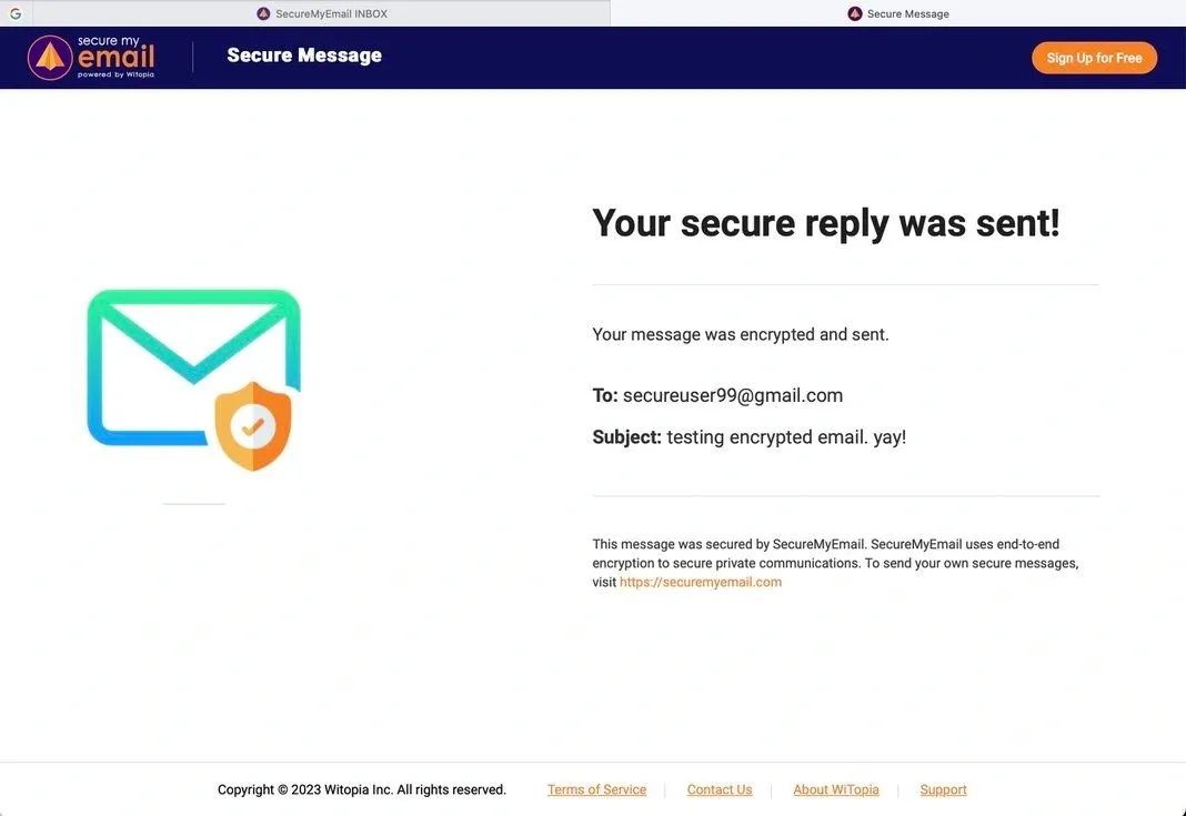 Confirmation of reply sent to a secure message with SecureMyEmail