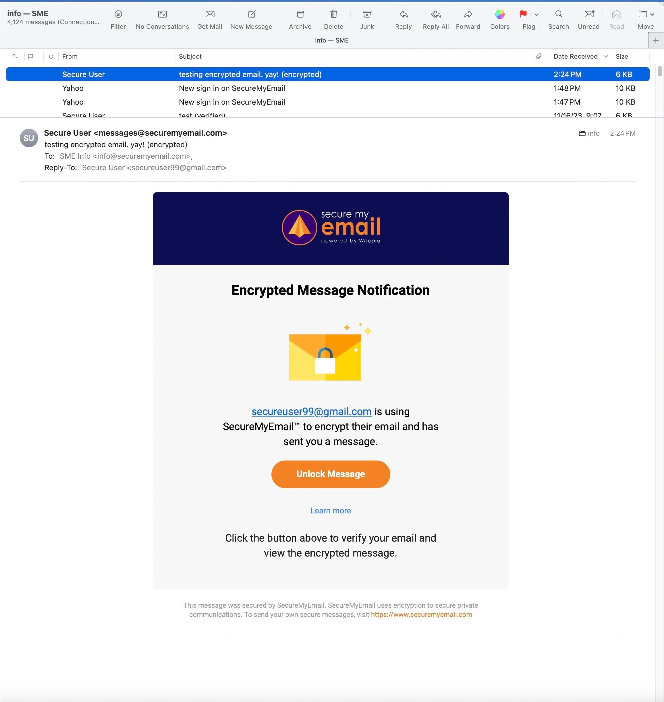 What the recipient sees when they receive a message encrypted by SecureMyEmail