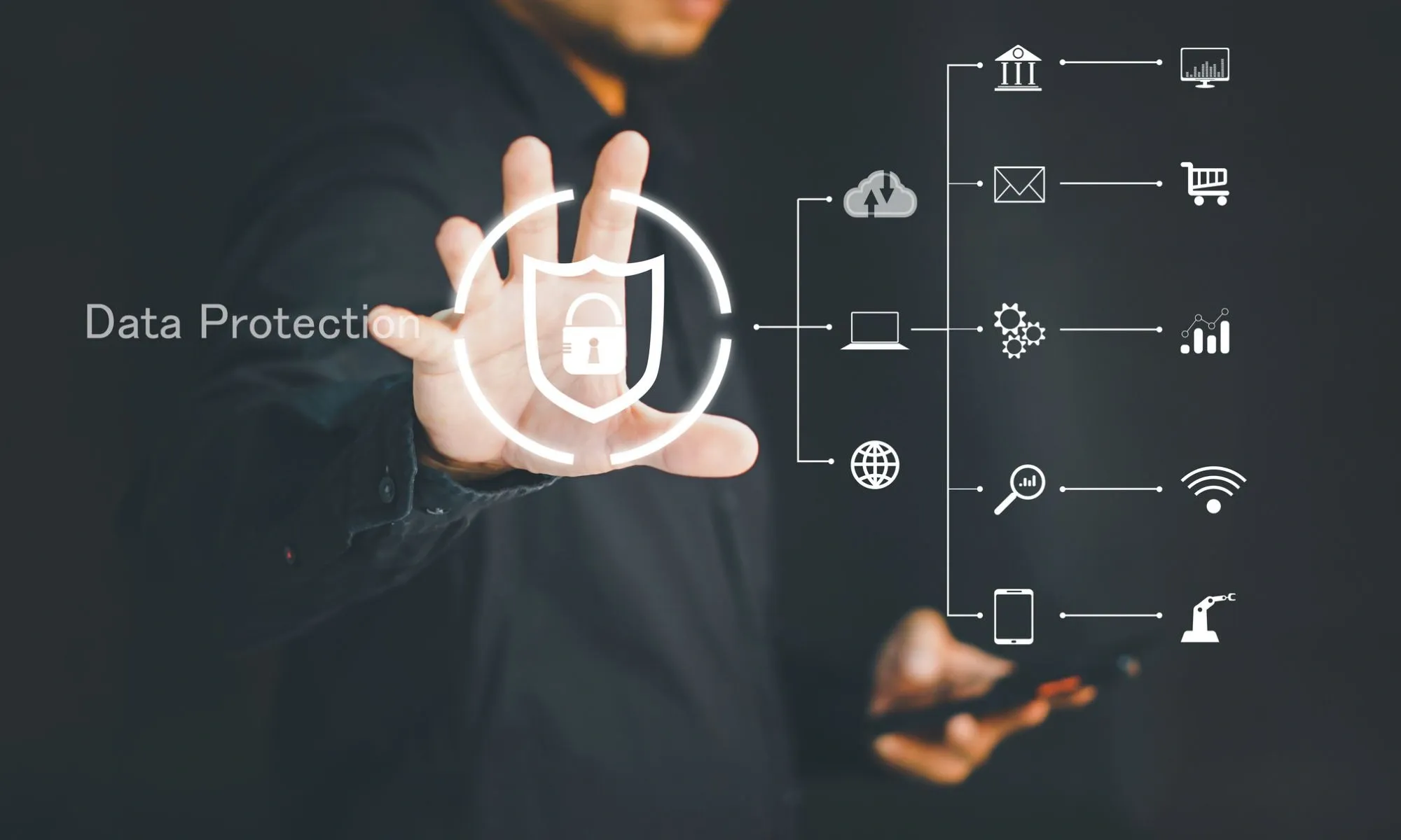 A person's hand enabling security by clicking on a protection icon.