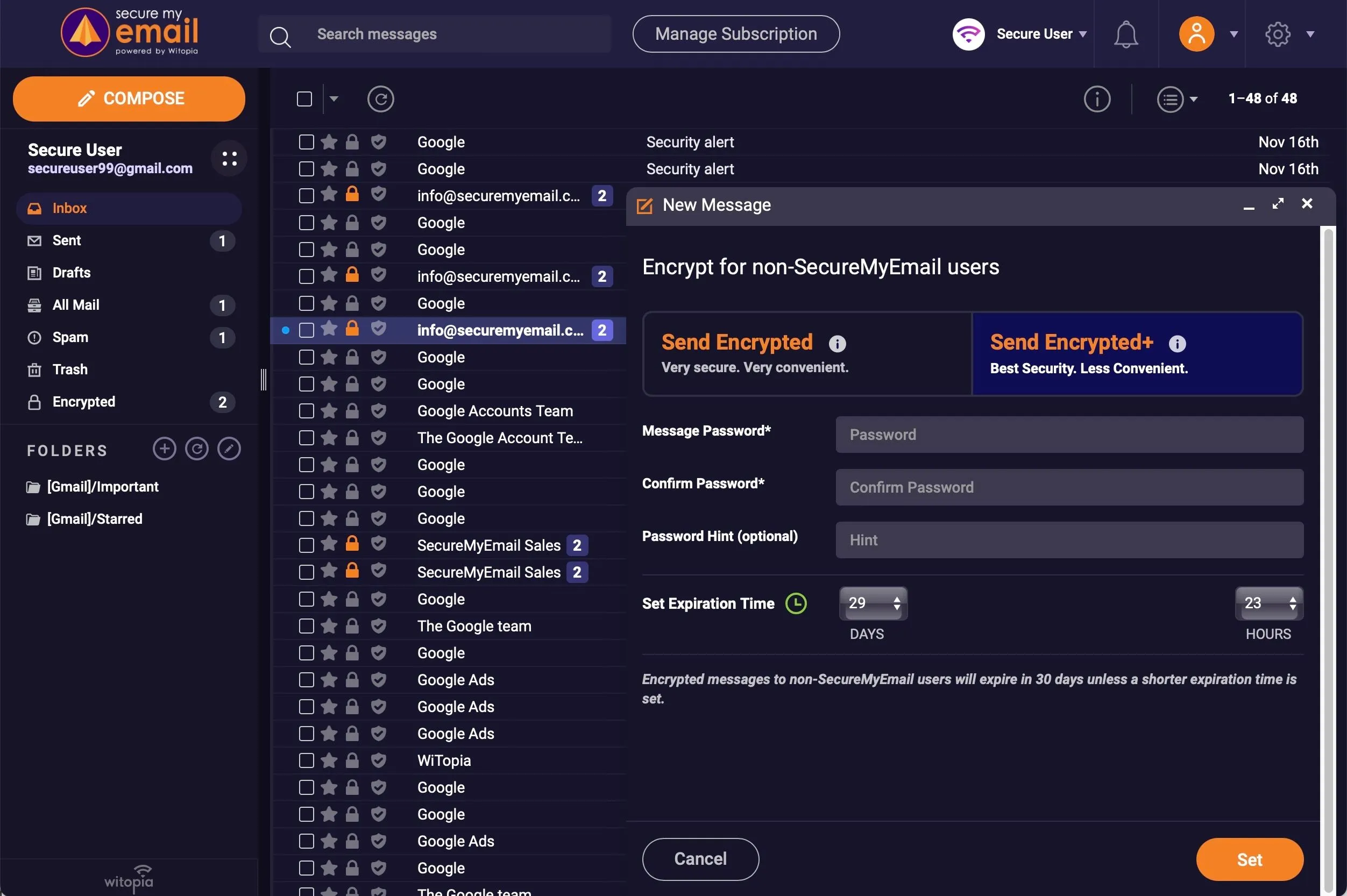 Send Encrypted+ option in SecureMyEmail
