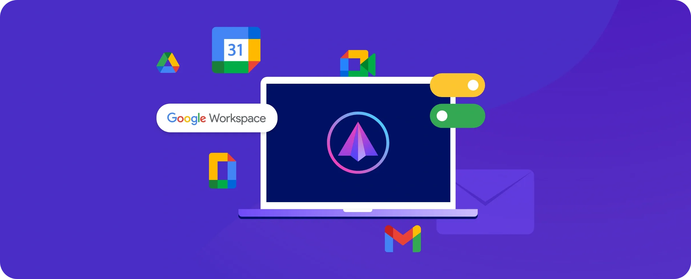 A laptop with SME logo on the screen and different Google workspace logo surrounding it.