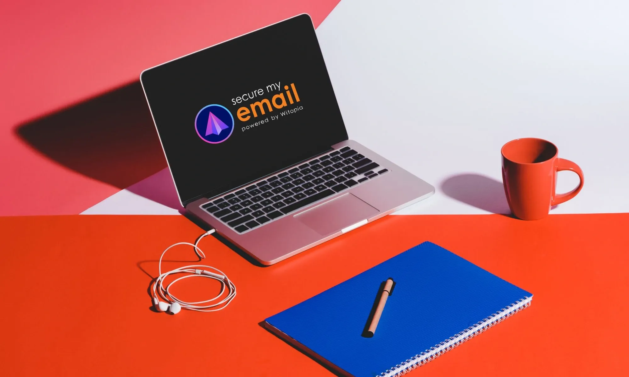 A laptop with SecureMyEmail logo in the center and a blue notebook and orange mug on the side