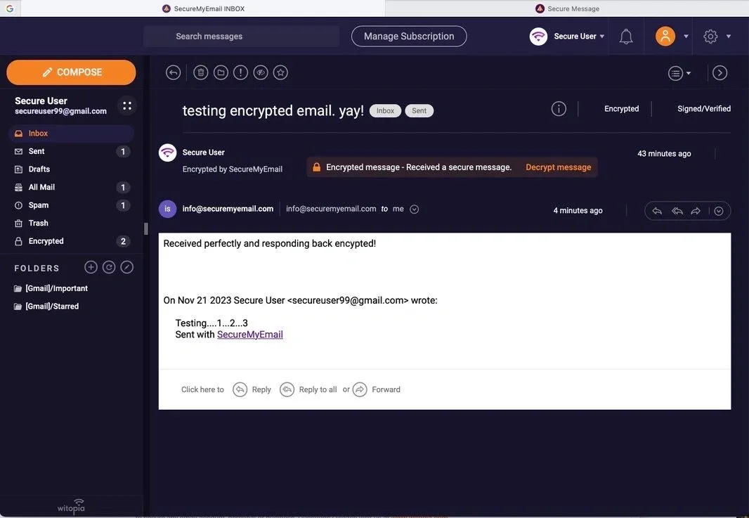 How the message looks when you receive a safe message sent with SecureMyEmail