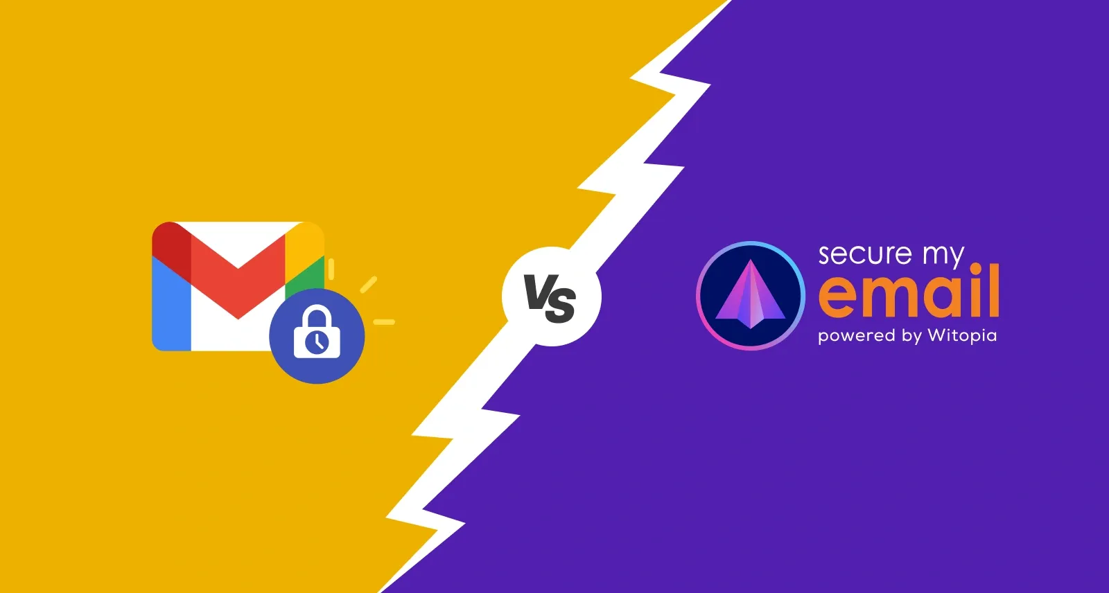 GMail confidential mode vs SecureMyEmail logo divided by a bolt.