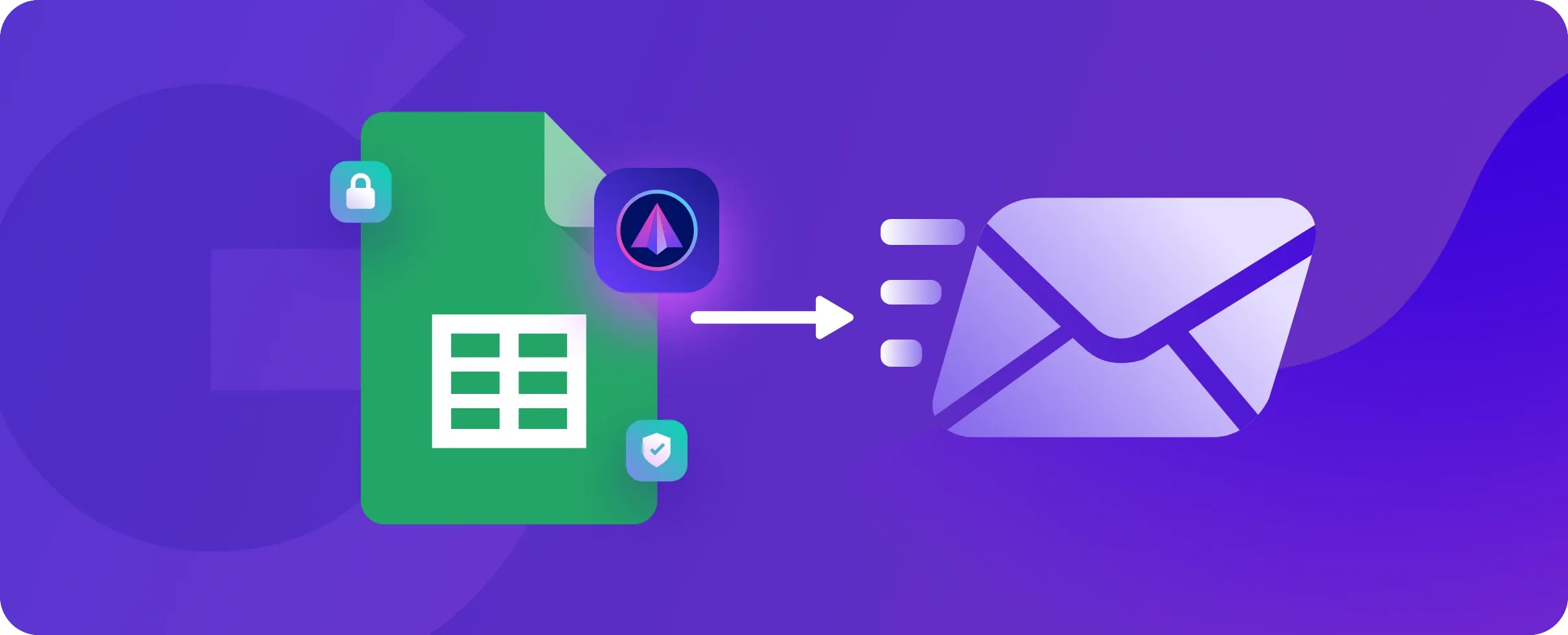 A large Google sheet with a SecureMyEmail logo on right top and an arrow showing an email icon meaning the Google sheet is sent with email encryption.