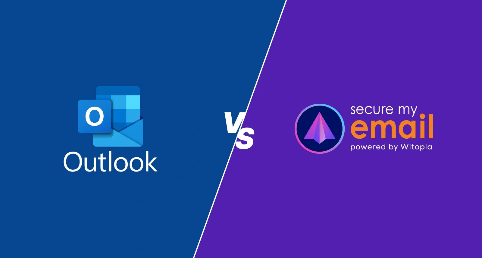 Outlook.com vs SecureMyEmail logo on two side of an inclined line.