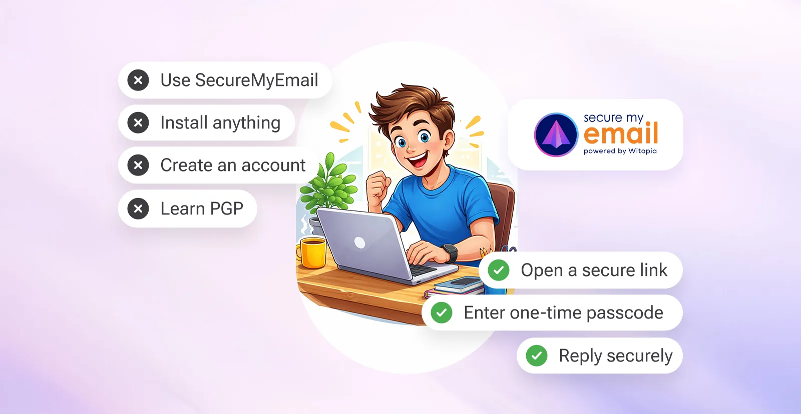 A happy young male with great recipient attitude after reading sensitive email sent through SME.