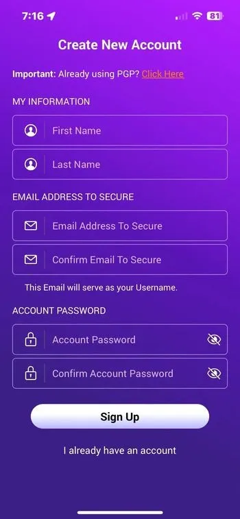 Sign up portal in SecureMyEmail iphone app