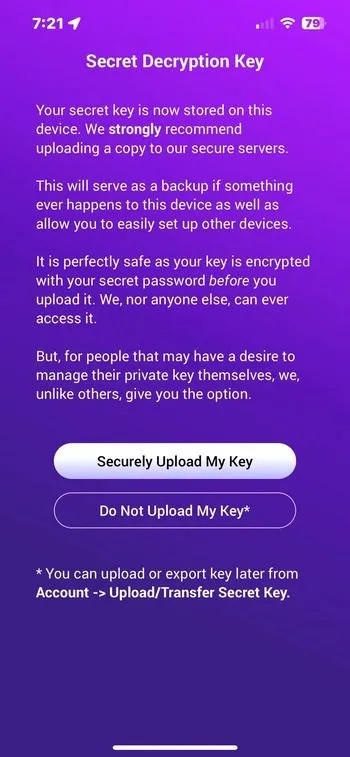 Upload key page for the app