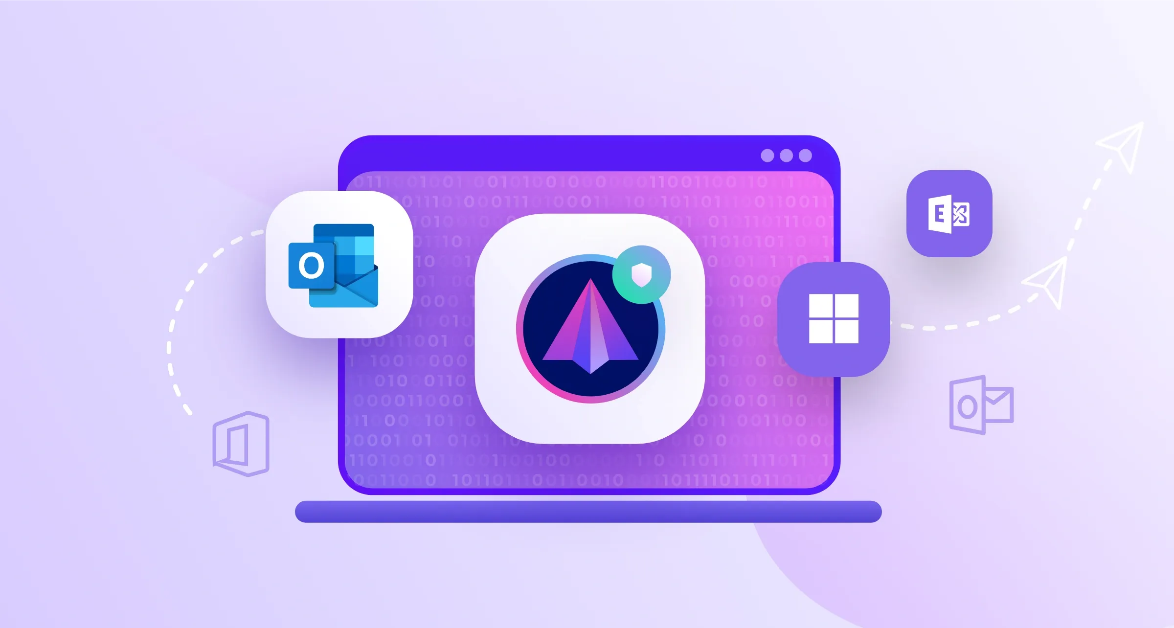 A laptop with SecureMyEmail logo in the center and Microsoft logos around it meaning the you can easily encrypt your email with SME even if you don't have license for Microsoft encryption options