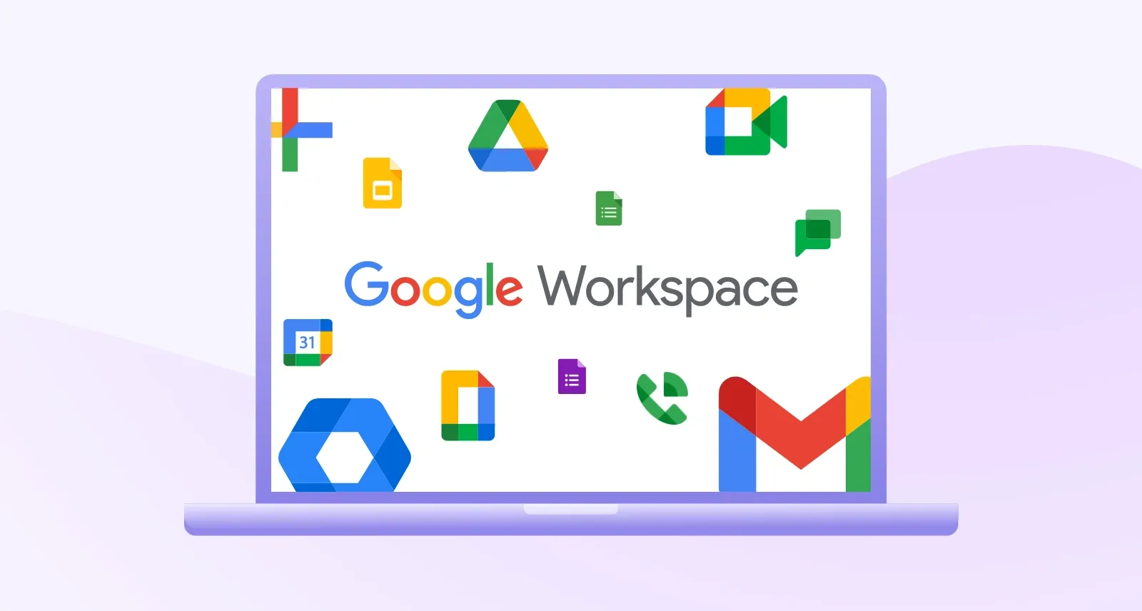Items of Google workspace logos displayed on a laptop screen