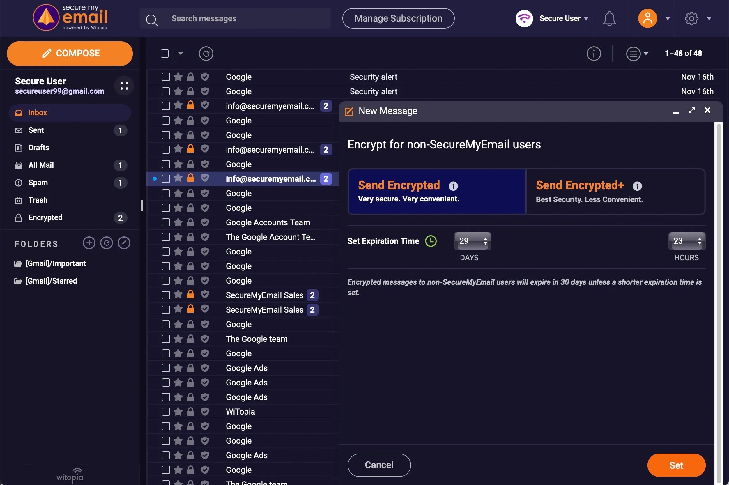 Send Encrypted option in SecureMyEmail