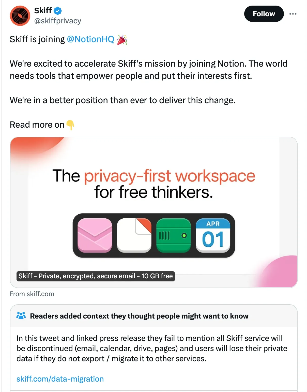 Skiff's announcement about joining Notion on social media