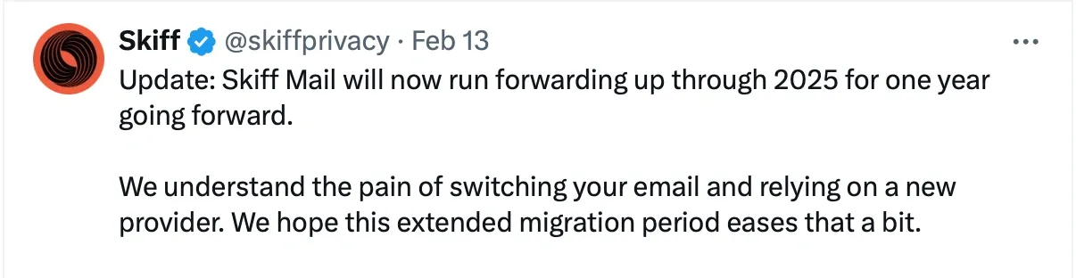 Skiff's tweet about email forwarding